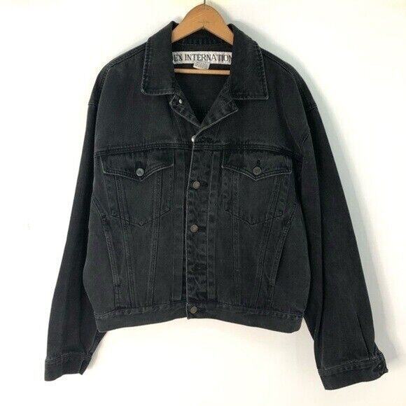 Vintage L Mens Denim Jean Jacket Embroidered faded black index international 938 - Picture 3 of 9